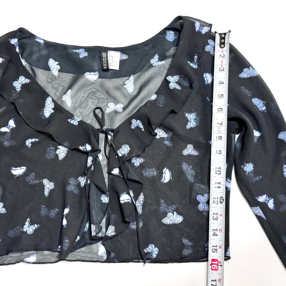 Y2K Butterfly Sheer Chiffon Cropped Top Bell Sleeves Ruffle Collar Cardigan - Picture 10 of 11